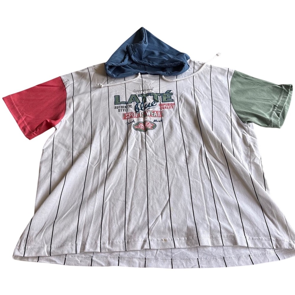 Vintage Latte USA Colorblock Pinstripe Hooded T-Shirt Mens XL 90s Streetwear